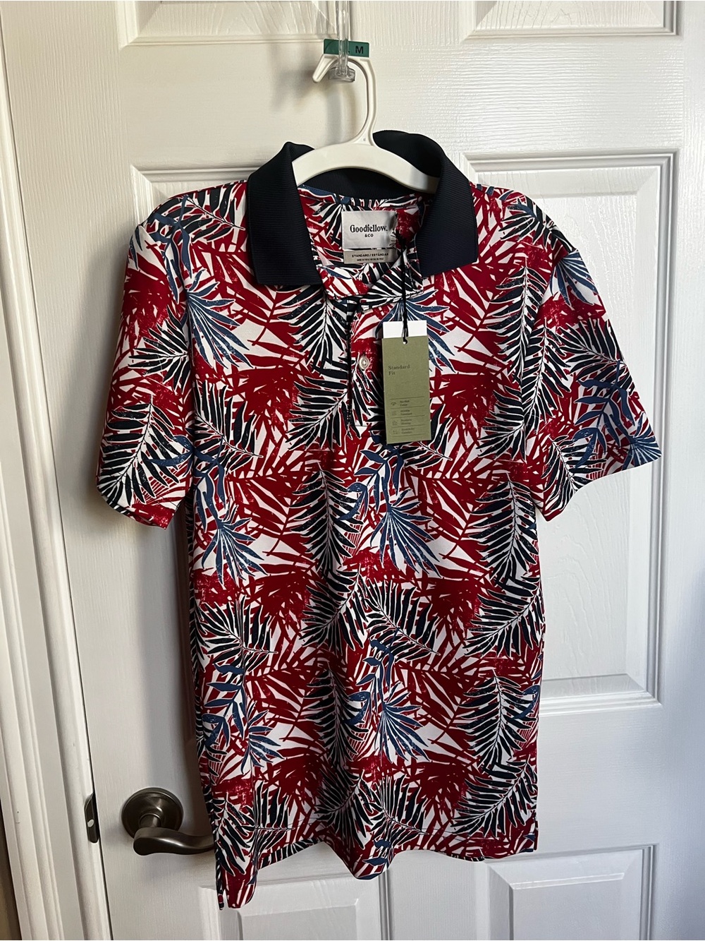 Goodfellow & Co Red Tropical Leaf Polo with Navy Collar